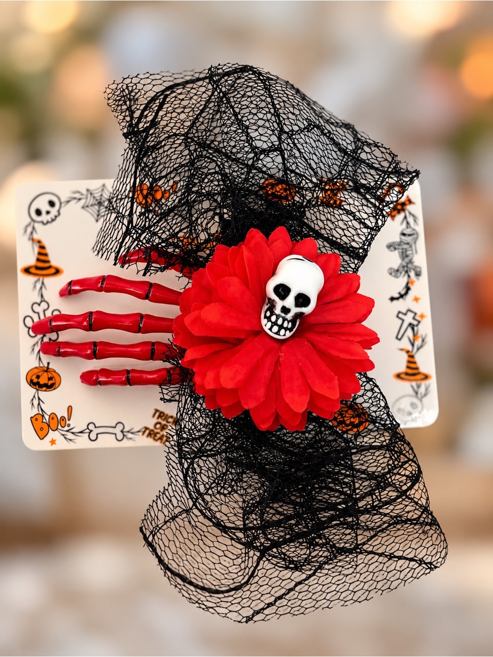 Halloween Red Floral Skull Hair Clip with Black Lace